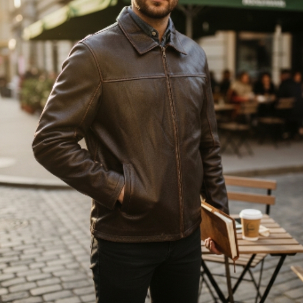 Men's Brown Leather Bomber Jacket